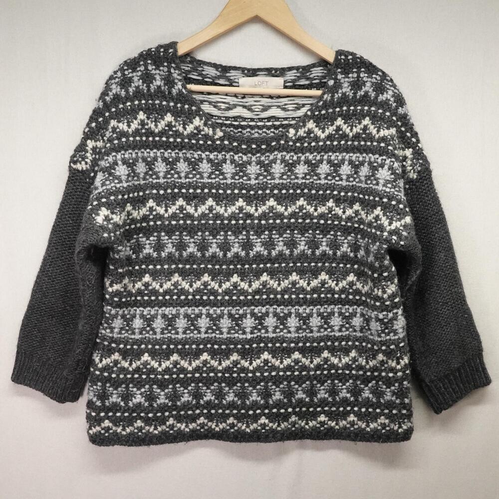 LOFT Sweater Womens Large Gray Fair Isle Chunky Knit Alpaca Wool 3/4 Sleeve Cozy